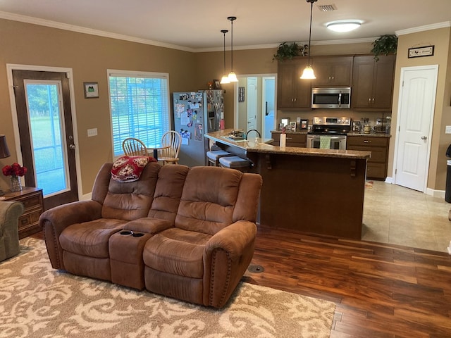 living room with light hardwood / wood-style floors, ornamental molding, and sink