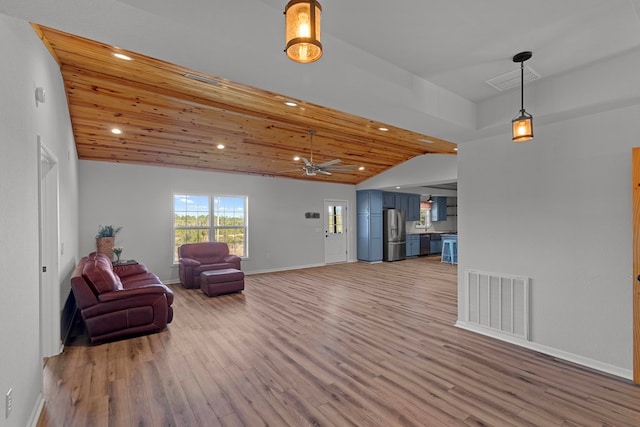 living area with vaulted ceiling, light wood-type flooring, ceiling fan, and wood ceiling