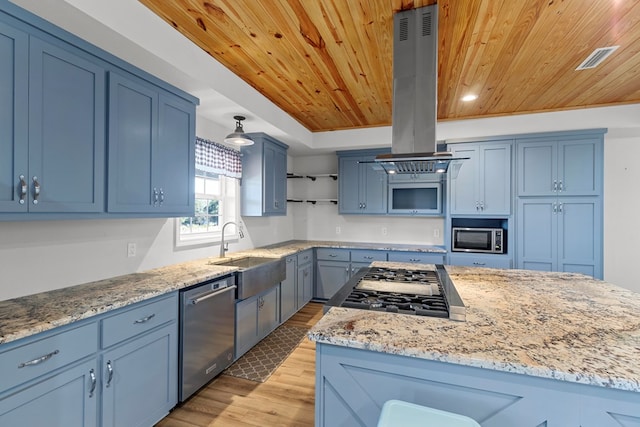 kitchen featuring stainless steel appliances, blue cabinets, wooden ceiling, sink, and island range hood