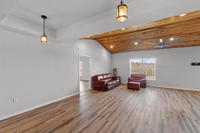 sitting room with ceiling fan, wooden ceiling, light wood-type flooring, and vaulted ceiling