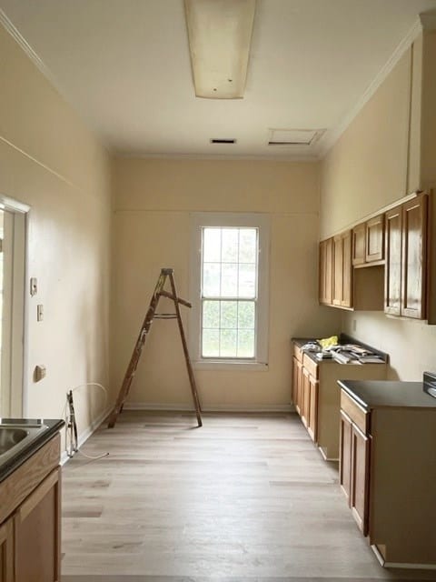 kitchen featuring dark countertops, crown molding, light wood-type flooring, and visible vents