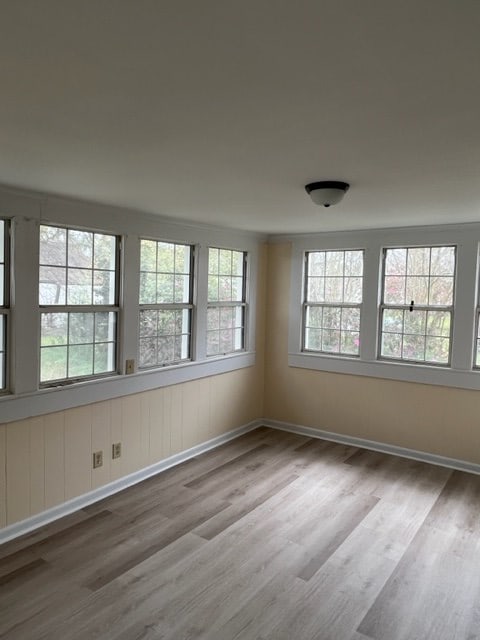 spare room featuring a wealth of natural light, baseboards, and wood finished floors