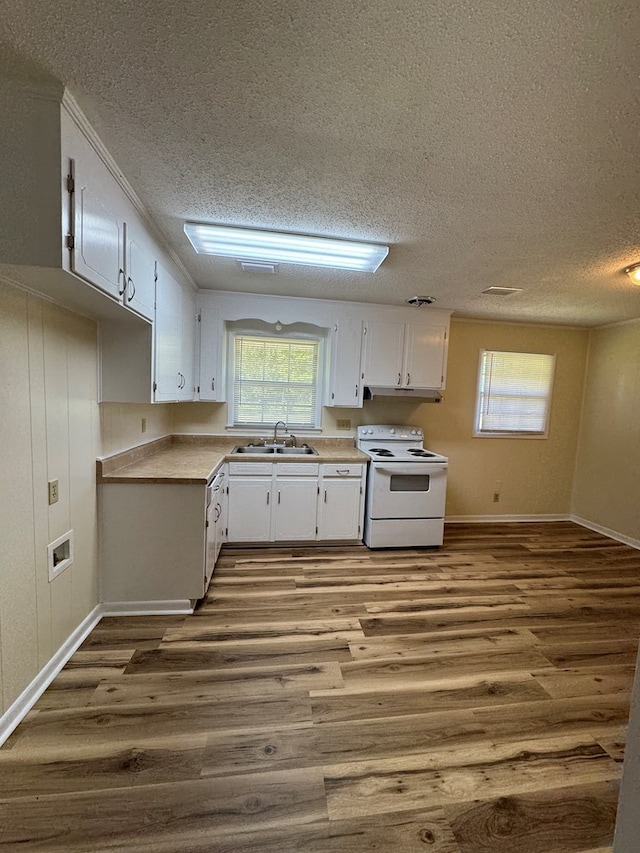 629 Coe Dairy Rd, Dothan, AL 36301 - kitchen with white electric range, a sink, a textured ceiling, dark wood-style flooring, and white cabinetry