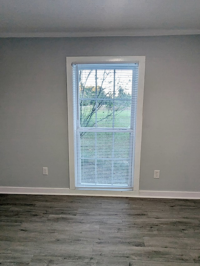 empty room featuring crown molding, baseboards, and wood finished floors