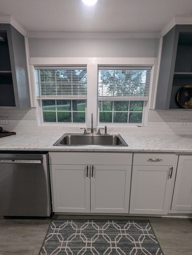 kitchen with a sink, tasteful backsplash, stainless steel dishwasher, and wood finished floors