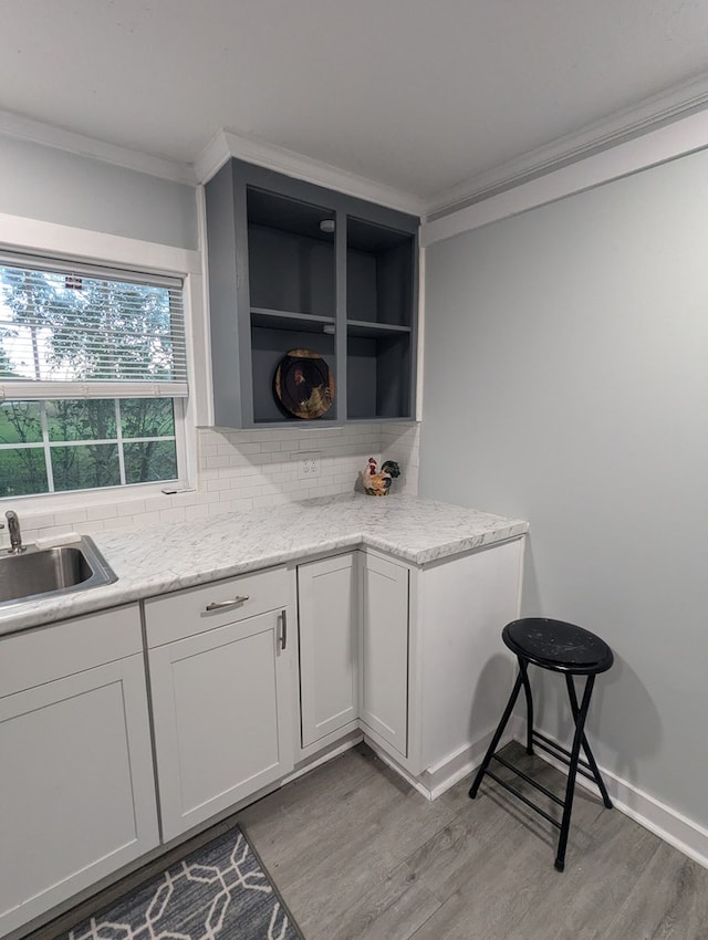 kitchen featuring ornamental molding, a sink, light wood-type flooring, open shelves, and backsplash