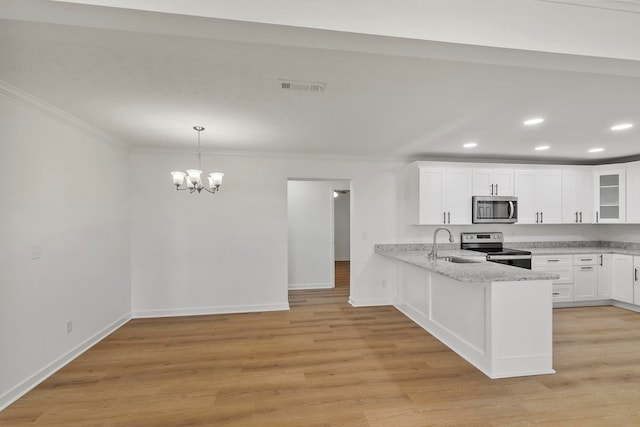 kitchen featuring visible vents, a peninsula, stainless steel appliances, white cabinetry, and light wood-type flooring