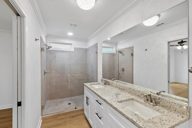 full bathroom with a stall shower, visible vents, and a sink