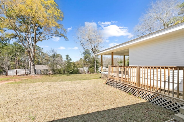 view of yard featuring a wooden deck and fence