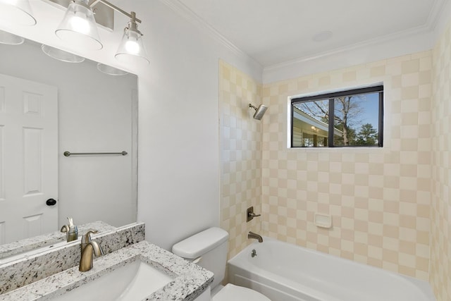 bathroom featuring vanity, shower / tub combination, toilet, and ornamental molding