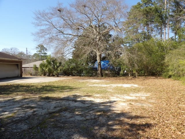 view of yard featuring a garage and driveway