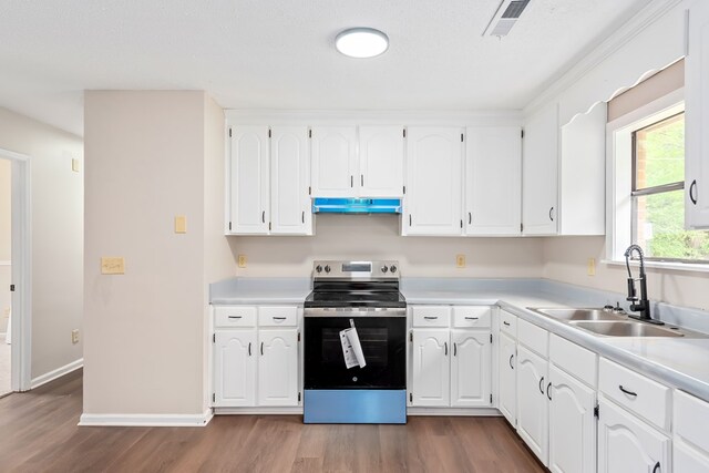 212 Johanna Dr, Ozark, AL 36360 - kitchen with stainless steel electric range, under cabinet range hood, wood finished floors, and white cabinets