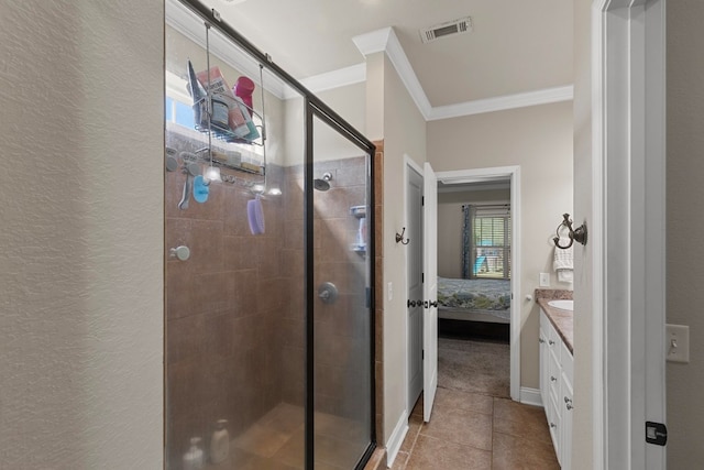 ensuite bathroom featuring ensuite bathroom, visible vents, ornamental molding, a shower stall, and tile patterned floors