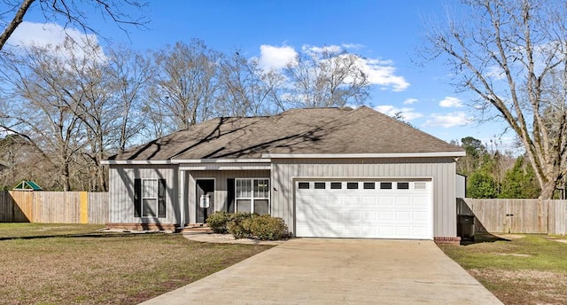 ranch-style home featuring an attached garage, fence, concrete driveway, roof with shingles, and a front lawn