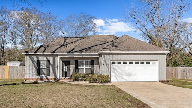 ranch-style house with driveway, a front lawn, an attached garage, and fence