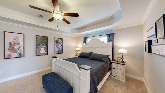 160 Sandbed Rd, Newton, AL 36352 - bedroom with light carpet, a raised ceiling, crown molding, and a ceiling fan
