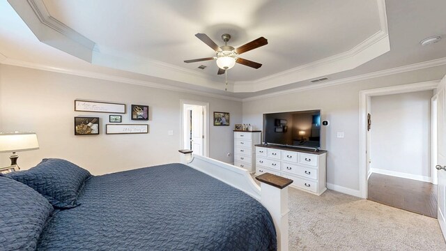 160 Sandbed Rd, Newton, AL 36352 - bedroom with a tray ceiling, ornamental molding, light colored carpet, and a ceiling fan