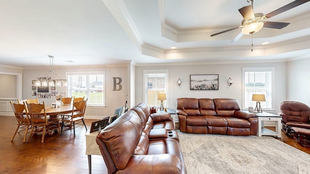 160 Sandbed Rd, Newton, AL 36352 - living area featuring plenty of natural light, crown molding, wood finished floors, ceiling fan, and a raised ceiling