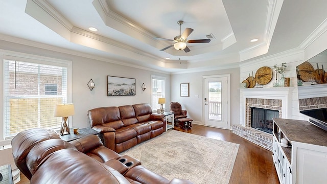 160 Sandbed Rd, Newton, AL 36352 - living area featuring a raised ceiling, ceiling fan, healthy amount of natural light, a fireplace, and crown molding