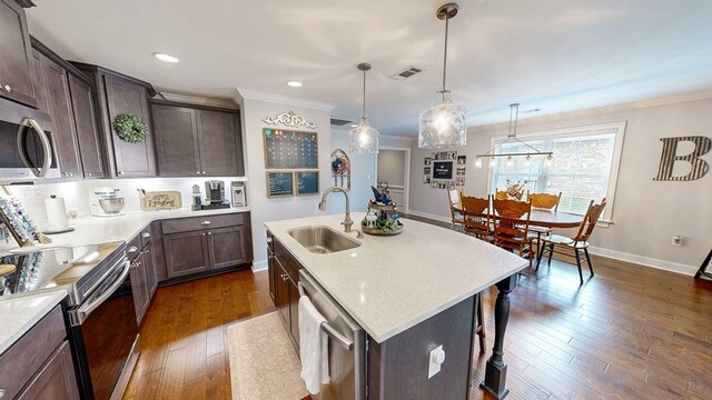 160 Sandbed Rd, Newton, AL 36352 - kitchen with stainless steel appliances, ornamental molding, dark wood-type flooring, dark brown cabinetry, and an island with sink