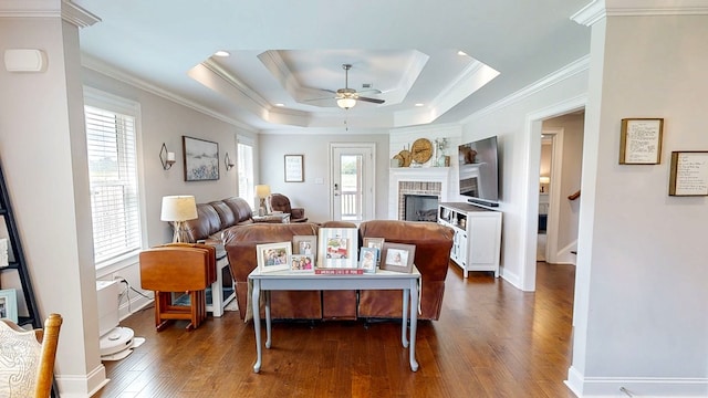 160 Sandbed Rd, Newton, AL 36352 - living area featuring ceiling fan, dark wood-style flooring, plenty of natural light, ornamental molding, and a fireplace