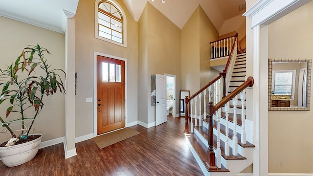 entryway with crown molding, dark hardwood / wood-style floors, and a towering ceiling