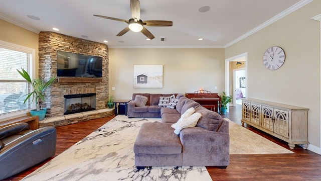 living room with crown molding, a stone fireplace, ceiling fan, and dark hardwood / wood-style flooring