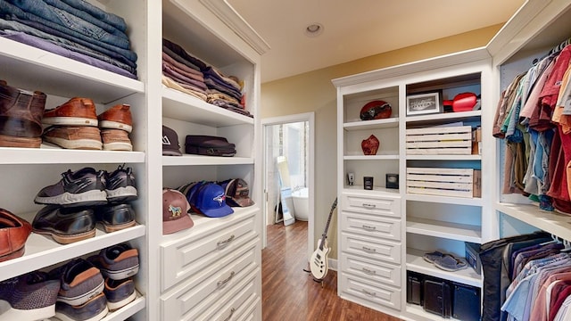 walk in closet with dark wood-type flooring