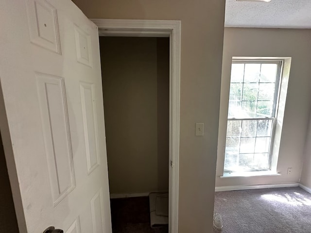 corridor featuring baseboards, a textured ceiling, and carpet flooring