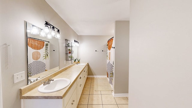 full bathroom featuring baseboards, curtained shower, tile patterned flooring, and vanity