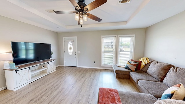 living area featuring a ceiling fan, visible vents, baseboards, light wood finished floors, and a tray ceiling