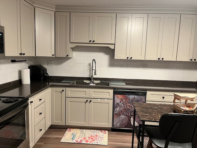 16 Holman St, Daleville, AL 36322 - kitchen featuring dishwasher, electric range oven, tasteful backsplash, and dark wood finished floors
