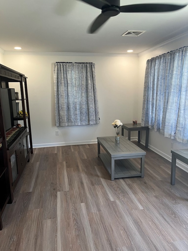 16 Holman St, Daleville, AL 36322 - living room featuring ceiling fan, crown molding, wood finished floors, and recessed lighting