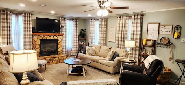 207 W Pullum St, Samson, AL 36477 - living room with crown molding, a ceiling fan, healthy amount of natural light, a stone fireplace, and recessed lighting