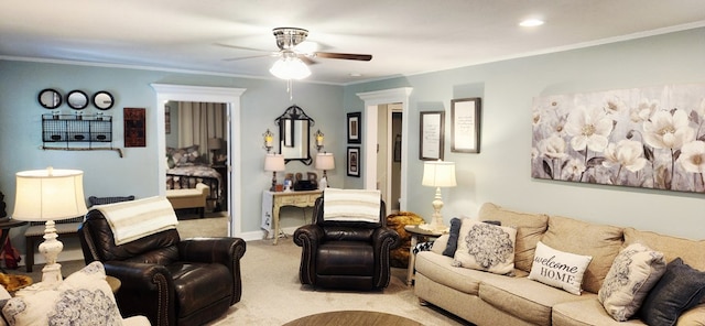 207 W Pullum St, Samson, AL 36477 - living room with carpet flooring, ceiling fan, crown molding, and recessed lighting