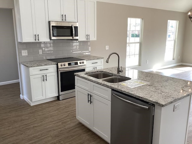 kitchen featuring an island with sink, sink, white cabinets, backsplash, and stainless steel appliances