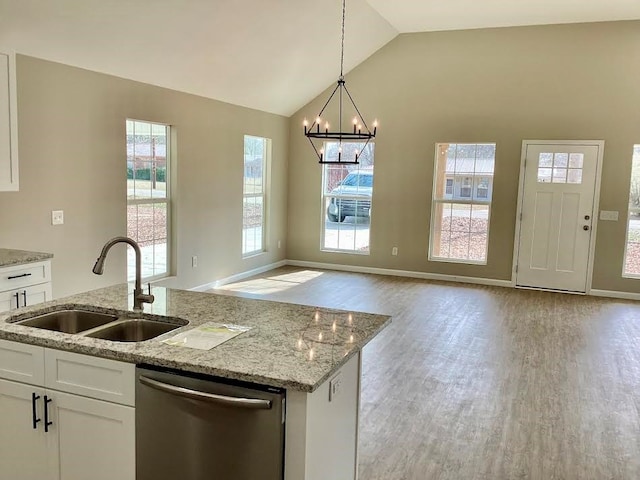 kitchen featuring white cabinetry, sink, lofted ceiling, and dishwasher