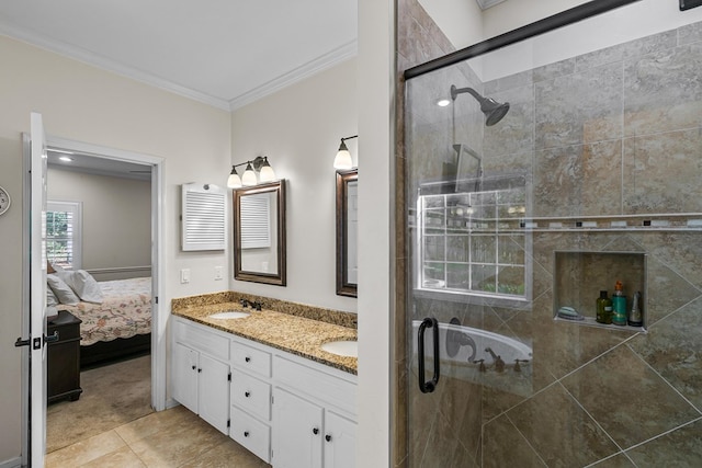 108 Mulberry Ct, Dothan, AL 36303 - ensuite bathroom with ornamental molding, double vanity, a stall shower, and tile patterned flooring