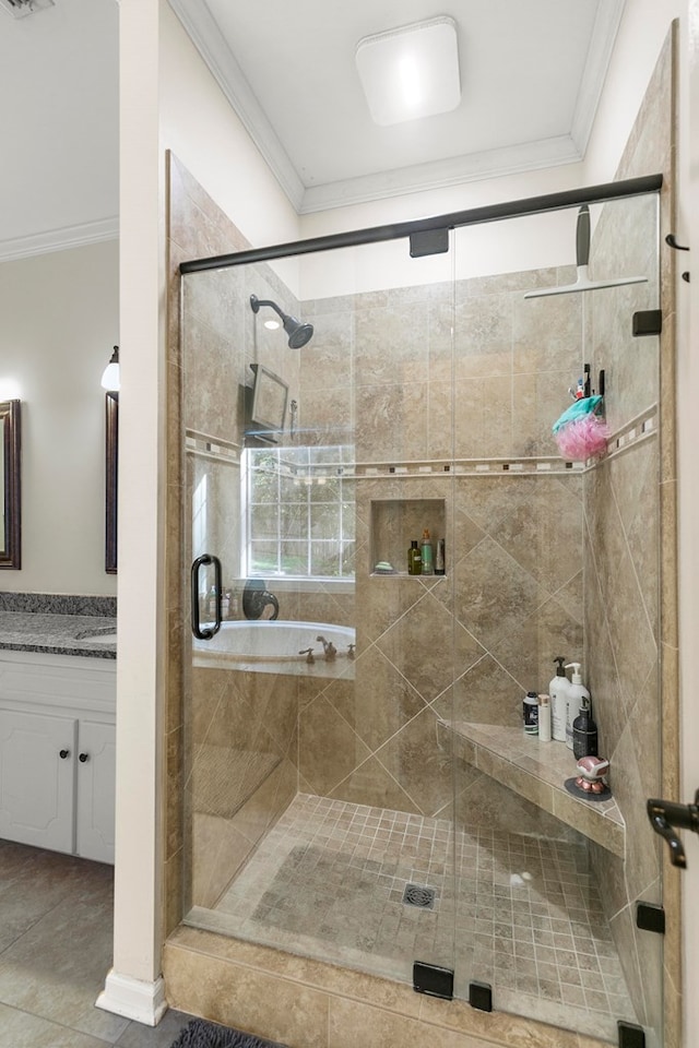 108 Mulberry Ct, Dothan, AL 36303 - bathroom with crown molding, vanity, a stall shower, and tile patterned flooring