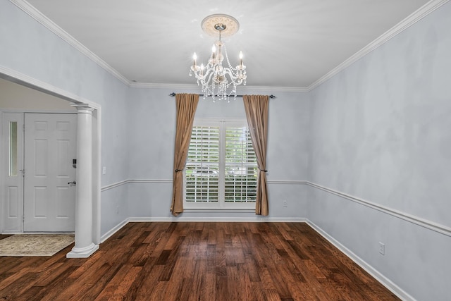108 Mulberry Ct, Dothan, AL 36303 - unfurnished dining area with a chandelier, ornate columns, wood finished floors, and ornamental molding