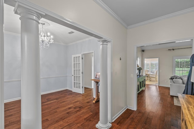 108 Mulberry Ct, Dothan, AL 36303 - corridor featuring ornate columns, crown molding, dark wood finished floors, and french doors