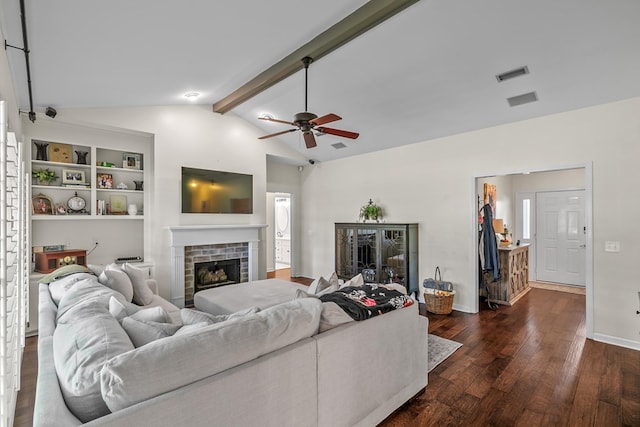 108 Mulberry Ct, Dothan, AL 36303 - living area with dark wood-style floors, ceiling fan, a brick fireplace, and built in features