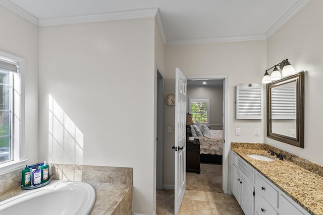 108 Mulberry Ct, Dothan, AL 36303 - ensuite bathroom featuring vanity, a garden tub, ornamental molding, and tile patterned flooring