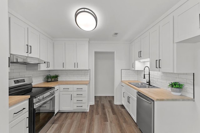 685 Hodgesville Rd, Dothan, AL 36301 - kitchen featuring under cabinet range hood, stainless steel appliances, wood counters, and a sink