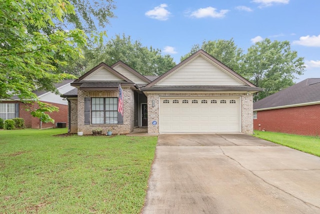 single story home featuring brick siding, driveway, an attached garage, a front lawn, and central AC