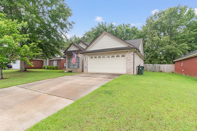 ranch-style home featuring concrete driveway, an attached garage, and brick siding