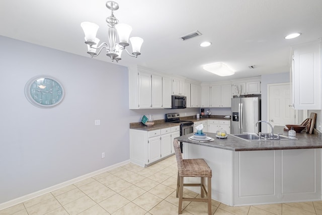 kitchen with stainless steel appliances, a sink, a peninsula, dark countertops, and recessed lighting