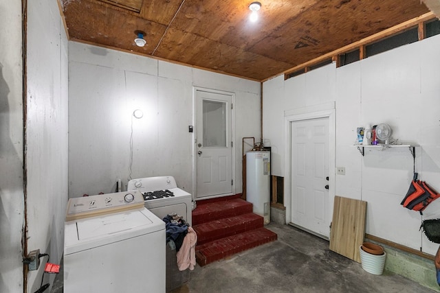 laundry room featuring wood ceiling, electric water heater, and washing machine and clothes dryer