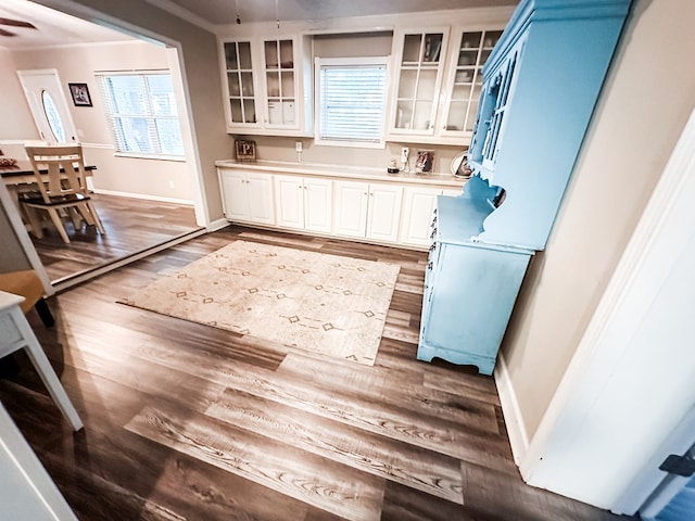 178 W Lawrence Harris Hwy, Slocomb, AL 36375 - kitchen featuring dark wood-style floors, light countertops, glass insert cabinets, and white cabinets