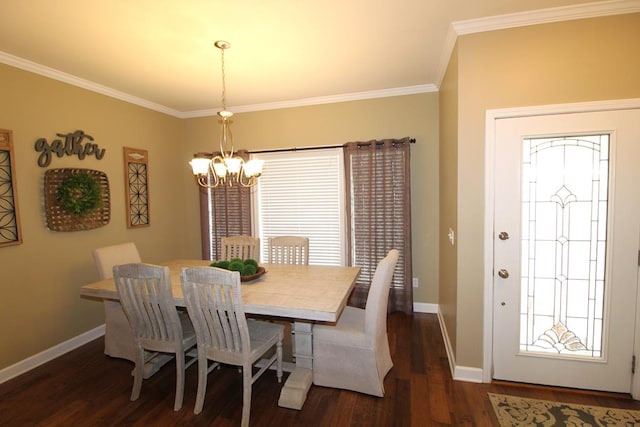 dining room featuring a notable chandelier, baseboards, dark wood-style flooring, and ornamental molding